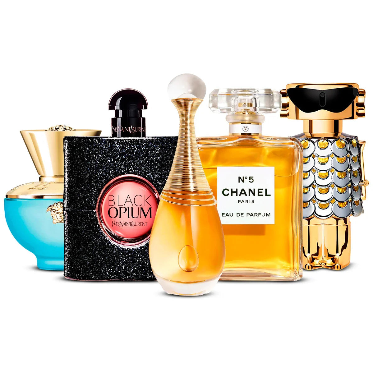 Zestaw 5 Perfum | Versace Dylan Turquoise + Black Opium + J'adore + Chanel N°5 + Fame